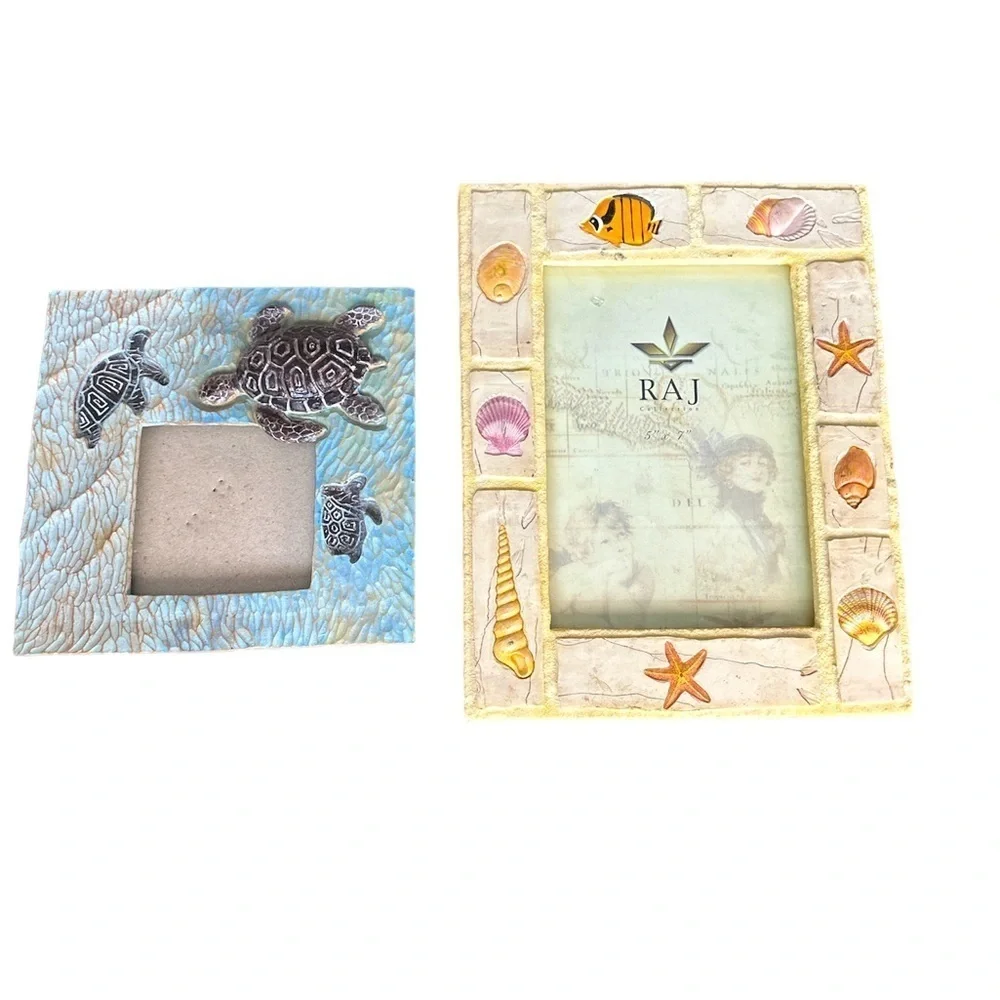 Coastal beach style table top frames set 1 5x7 (fish shell) & 1 3x3 (turtle)